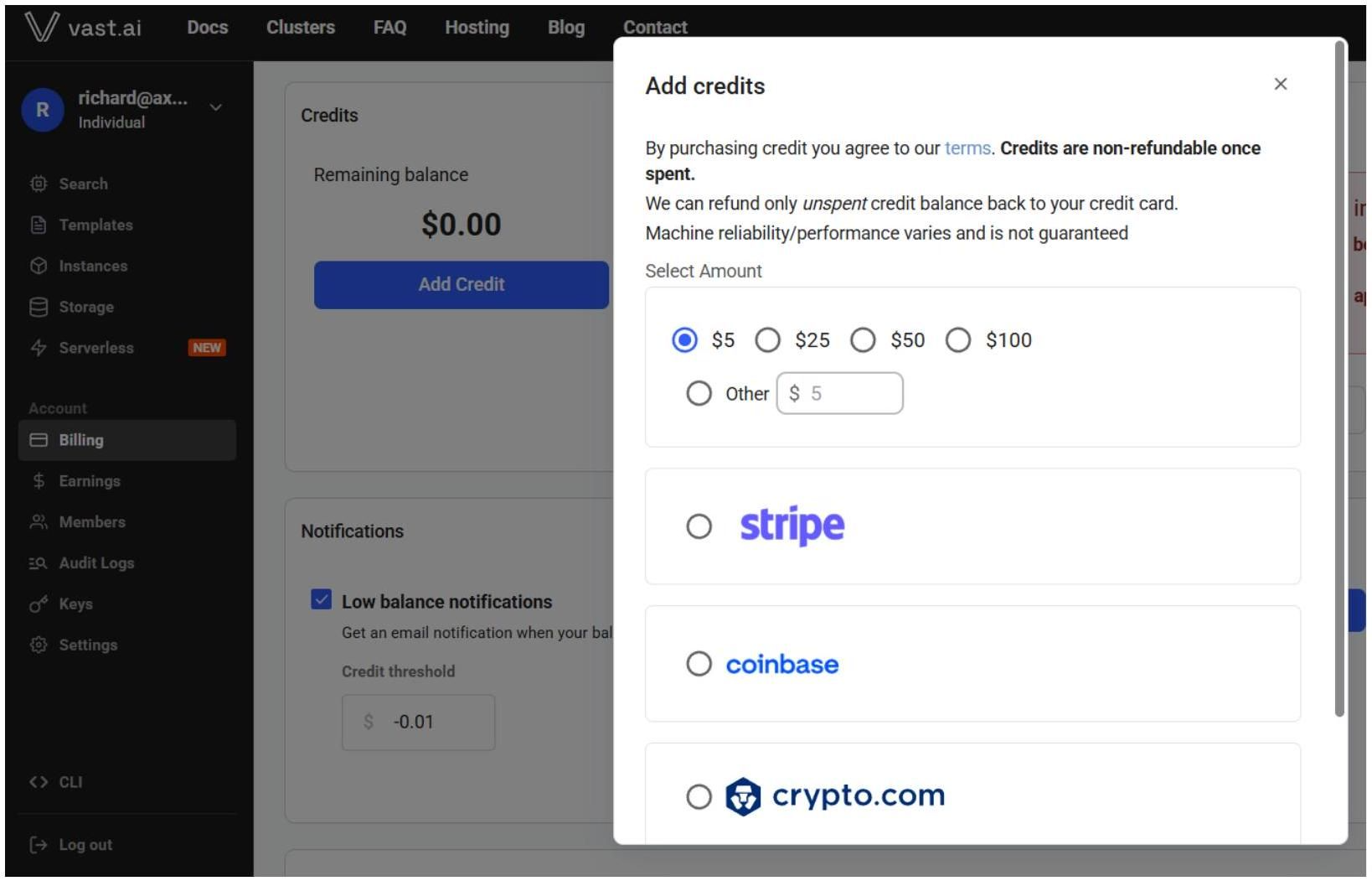 Add credit to your vast account2
